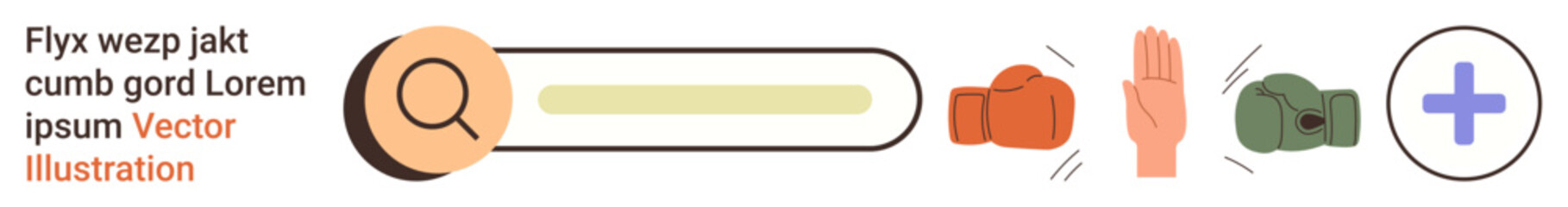Search tools, decision-making, conflict resolution, teamwork, online queries, concept analysis. Search bar with icons of hands and gloves. Search tools and conflict resolution visually