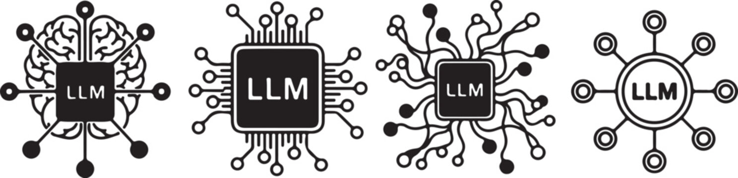 LLM Large Language Model Icon Set Isolated on White. Artificial Intelligence Brain, Processor, and Neural Network Vector Symbols.