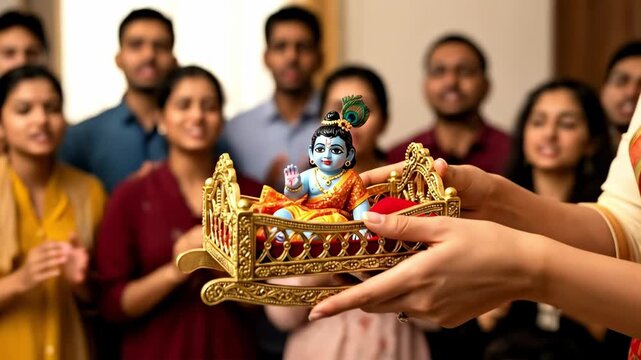 A Devotional Ceremony Celebrating Hindu Festival with a Young Boy Holding an Ornate Idol of Lord Krishna Surrounded by Devotees in Colorful Traditional Attire