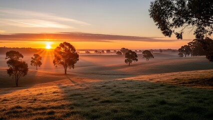 Sunrise over a foggy landscape field.