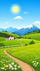 Idyllic Landscape with House, Path, and Mountains Under a Sunny Sky.