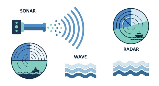 Flat Design Vector Icons for Sonar Radar and Wave Detection Systems.