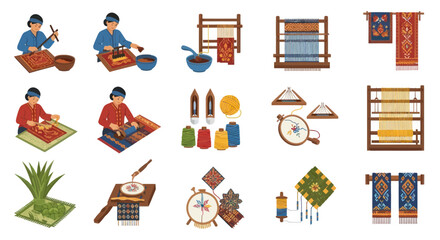 Collection of Traditional Weaving and Textile Crafting Illustrations.