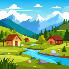 Idyllic Mountain Landscape with Cabins and River.