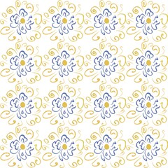 Seamless floral pattern featuring hand-drawn blue flowers with yellow accents and decorative swirling lines on a white background, perfect for fabric, packaging, and stationery design.