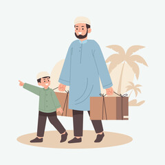 Father And Son Shopping Celebrating Their Muslim Culture