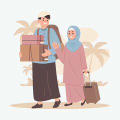 Happy Muslim Couple Traveling With Luggage On Holiday