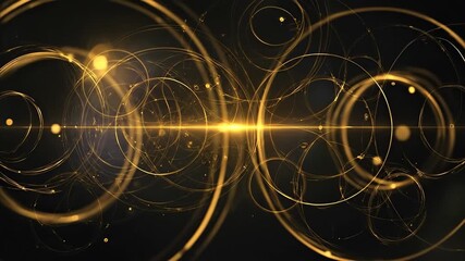 A mesmerizing abstract background featuring intertwining golden circles and light orbs, creating a luxurious and dynamic visual experience in a dark environment.