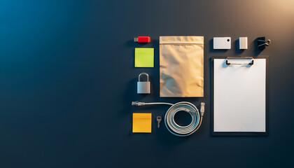 Cybersecurity incident response checklist mockup with blank clipboard, padlock and network cable on dark desk with copy space