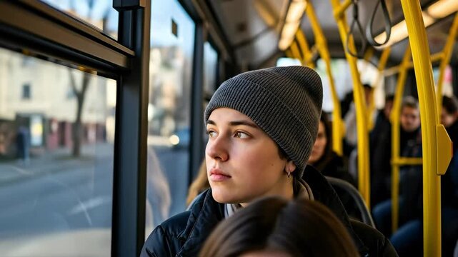 Young woman with short brown hair wearing a grey beanie gazes thoughtfully out the window of a bus, reflecting on her journey through a bustling urban environment.