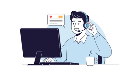 Friendly male customer service representative wearing a headset and working at a computer desk with a coffee mug and chat box.