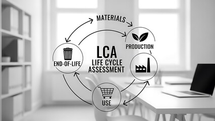 Visual representation of the life cycle assessment circular process detailing stages from materials extraction through production use and endoflife disposal stages in a modern office setting