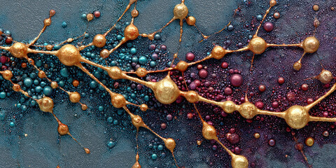 An abstract artistic composition with a molecular structure and fluid forms.  