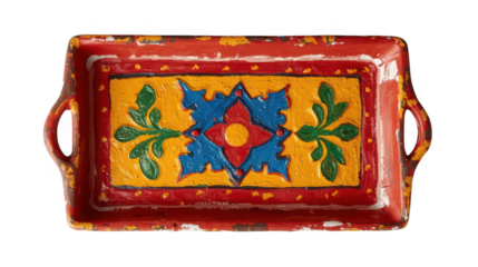 Handcrafted kinara 3d decorative tray vibrant colors artisanal craftsmanship studio setting close-up view