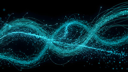 Abstract digital wave with swirling particles and glowing blue light.