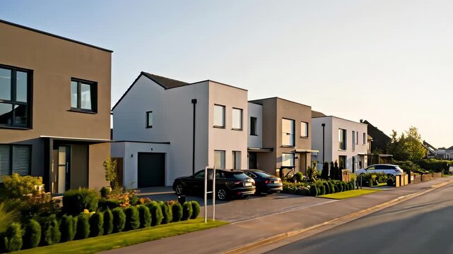 Modern Residential Homes in a Suburban Neighborhood Featuring Contemporary Architecture and Lush Landscaping at Sunset
