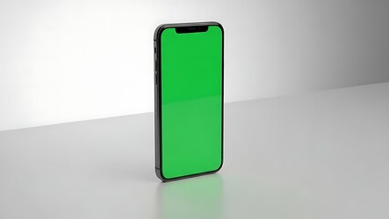 A smartphone with a green screen standing upright on a reflective surface against a white background