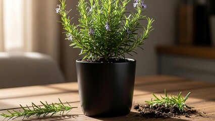 Lavender plant in a pot on table.