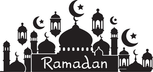 Black and white silhouette of mosque with crescent moons and lanterns for Ramadan Islamic architecture