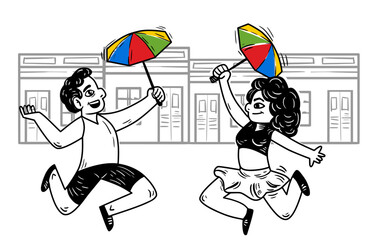 Couple dancing Frevo with a colorful umbrella and historic buildings in the background. Celebrating Brazilian Carnival with vibrant energy and cultural heritage.