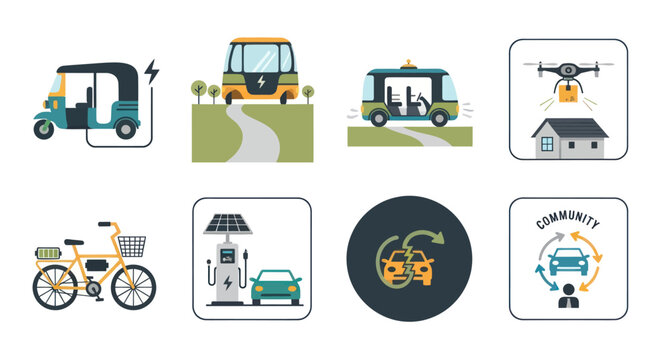 Collection of Sustainable Transportation Smart City and Community Service Icons.