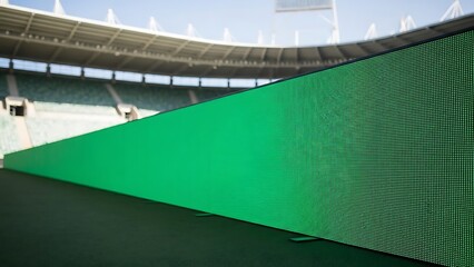 Green screen setup in a sports stadium with empty seats and a clear blue sky