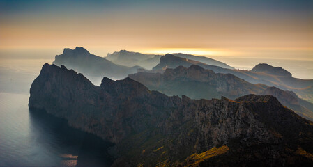 Mallorca, Spain - Aerial panoramic view of the cliffs of Cap de Formentor at sunrise, the...