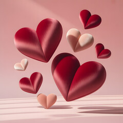 Soft plush hearts floating in the air on a pastel pink background