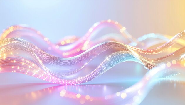 虹色に輝く光のウェーブと粒子の抽象背景 未来的なテクノロジー・データ・AIを表現したキラキラグラデーションの3Dビジュアル
Abstract rainbow light wave with sparkling particles, futuristic technology data and AI gradient 3D background