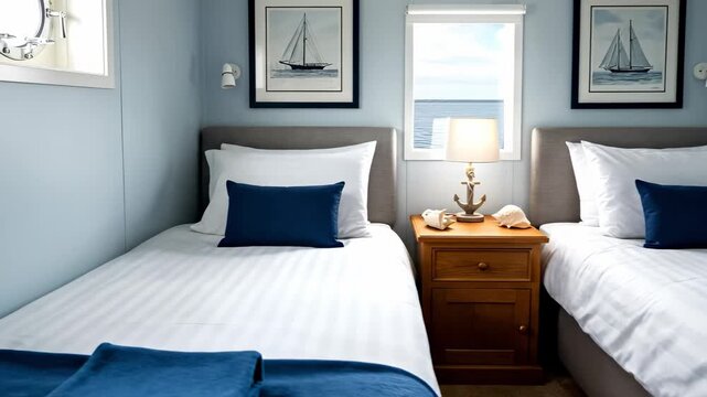 Cozy Maritime-Inspired Guest Room Featuring Two Twin Beds, Nautical Decor, Light Blue Walls, and Ocean View Through Window