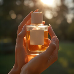 A woman holding perfume in her hands close-up