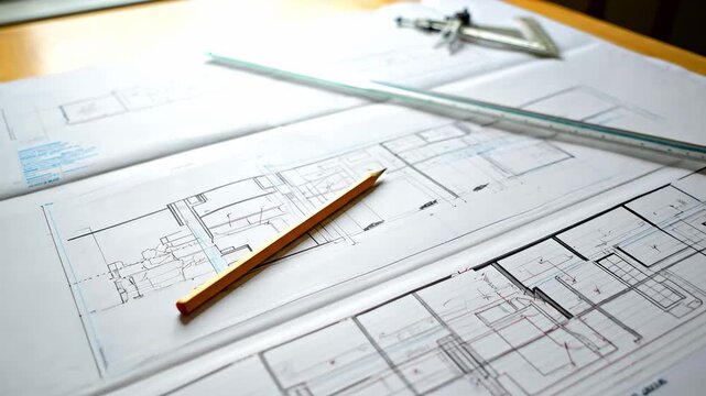 A Close-Up View of Architectural Blueprints and Drafting Tools on a Wooden Table, Featuring Detailed Floor Plans and Design Layouts