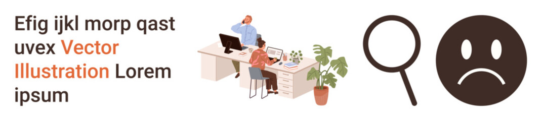 Fototapeta premium Office work, data analysis, emotional feedback, digital research, teamwork, design concepts. Professional setup with two people, magnifying glass and sad face icon. Office work and data analysis