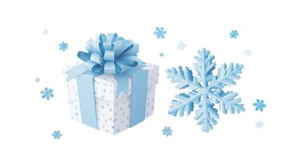 A festive blue Christmas gift box decorated with white snowflakes and a gold ribbon bow sits isolated as a winter holiday surprise package for a celebration