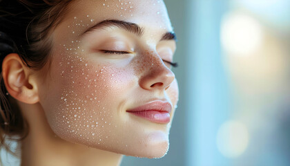 Person face in cold mist with water droplets on skin