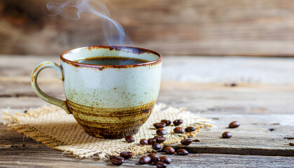 Steaming hot cup of black coffee in ceramic mug