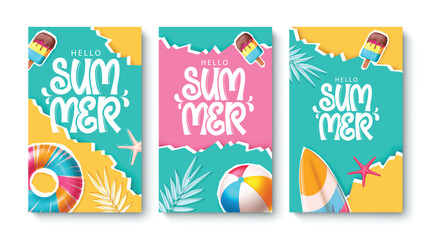 Hello Summer Pink Flamingo Float Beach Background with Surfboard and Ball