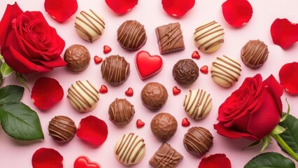 Obraz premium Assorted chocolates and roses on a pink surface with rose petals