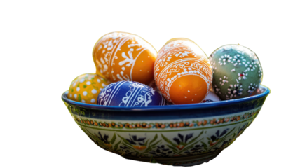 A festive spring tradition features a basket of colorful painted Easter eggs in vibrant blue, green, and yellow hues, serving as a decorative symbol for the holiday celebration