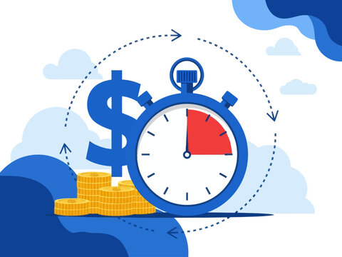 Instant payment flat vector illustration. Quick cash and credit loans services cartoon concept. Invoice payment terms. Time is money. Investment, deposit period isolated metaphor on white background
