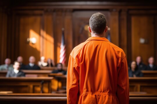 Inmate in Orange Jumpsuit Facing the Judge and Jury from Behind
