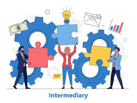 Intermediary flat vector illustration. Social enterprise. Wholesaler, distributor, reseller. E-commerce. Business model. Isolated cartoon character on white background
