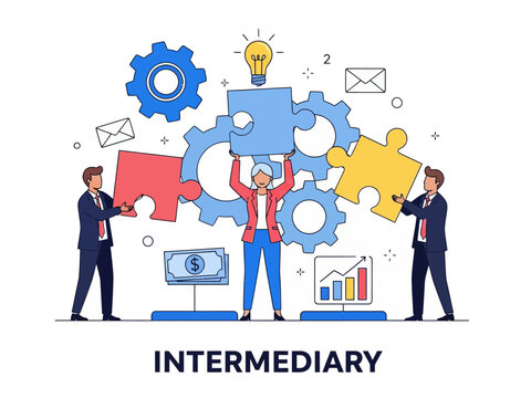 Intermediary flat vector illustration. Social enterprise. Wholesaler, distributor, reseller. E-commerce. Business model. Isolated cartoon character on white background
