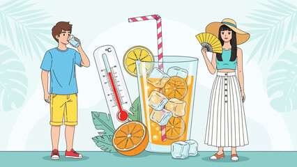 Fototapeta premium Summer flat concept vector illustration. Woman and man in hot weather 2D cartoon characters for web design. Male drink water. Female with fan. Lemonade to cool off. Heat wave refreshment creative idea