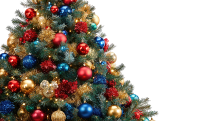 A festive green fir tree is beautifully decorated with gold balls and seasonal ornaments for a winter Christmas celebration