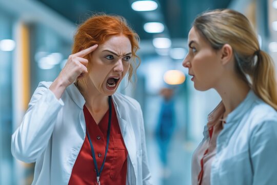 Angry Female Doctor Berating a Young Colleague in a Hospital Hallway