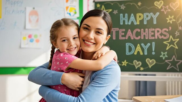 A Heartwarming Moment Celebrating Teachers' Day: A Smiling Young Girl Embraces Her Female Teacher in a Colorful Classroom Filled with Joy and Learning