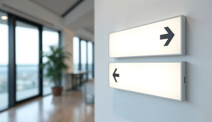 A white directional sign on the wall with black arrows pointing left and right in a clean office environment.