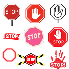 A set of stop signs with a warning bar