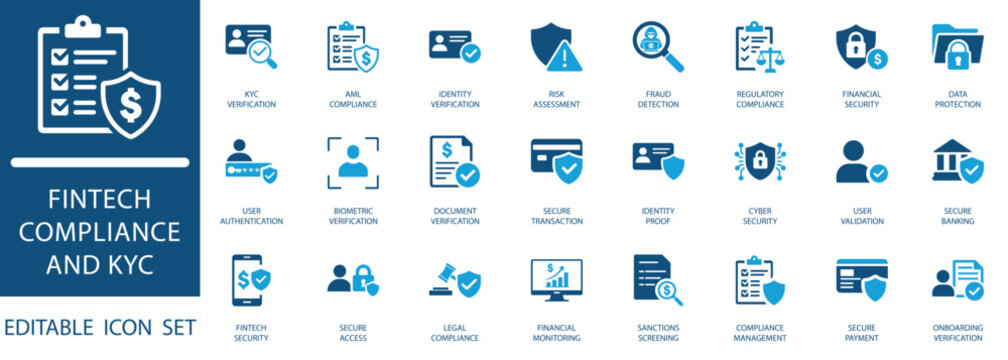 Fintech Compliance and KYC Icon Set. Identity verification, AML, financial security, and data protection icons for banking and cyber security UI design.